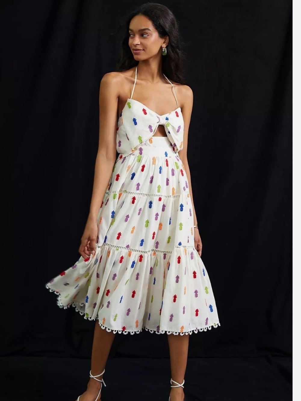 Farm Rio Multicolor Pineapple Embroidered Cutout Midi Dress Size Small